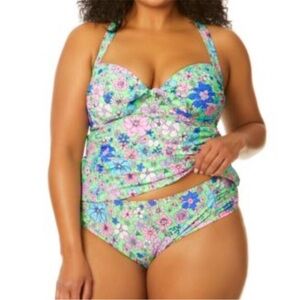 Salt Cove Plus Size Peony Party Printed X Back Tankini Top Green Size 2 NWOT